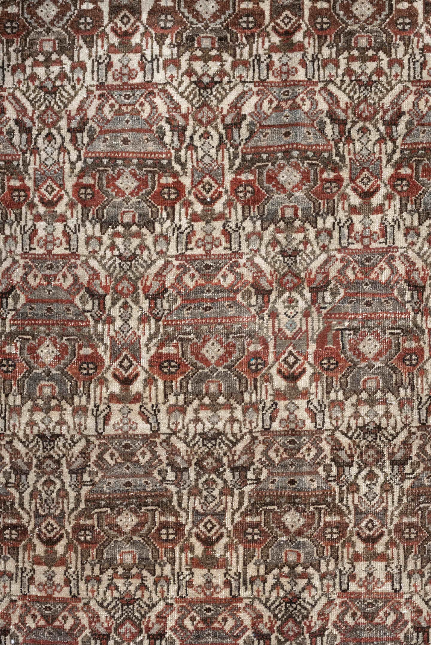 4' x 6' one-of-a-kind handmade antique Abadeh rug. Color palette: ivory, rust, brown, slate, charcoal, taupe, terracotta