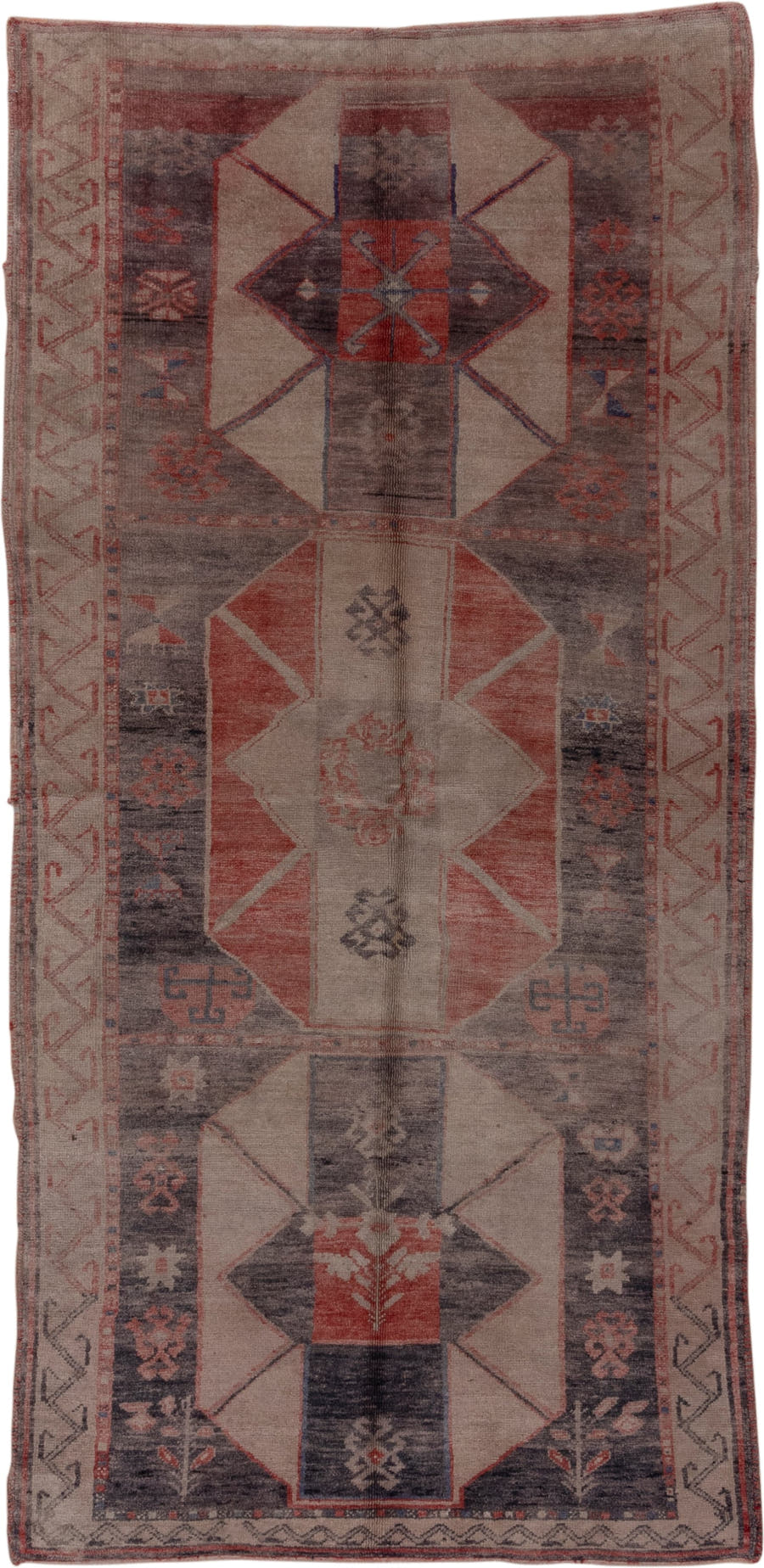 4' x 9' one-of-a-kind handmade vintage Oushak runner rug. Color palette: ivory, slate, rust, rose, charcoal, blue, gray