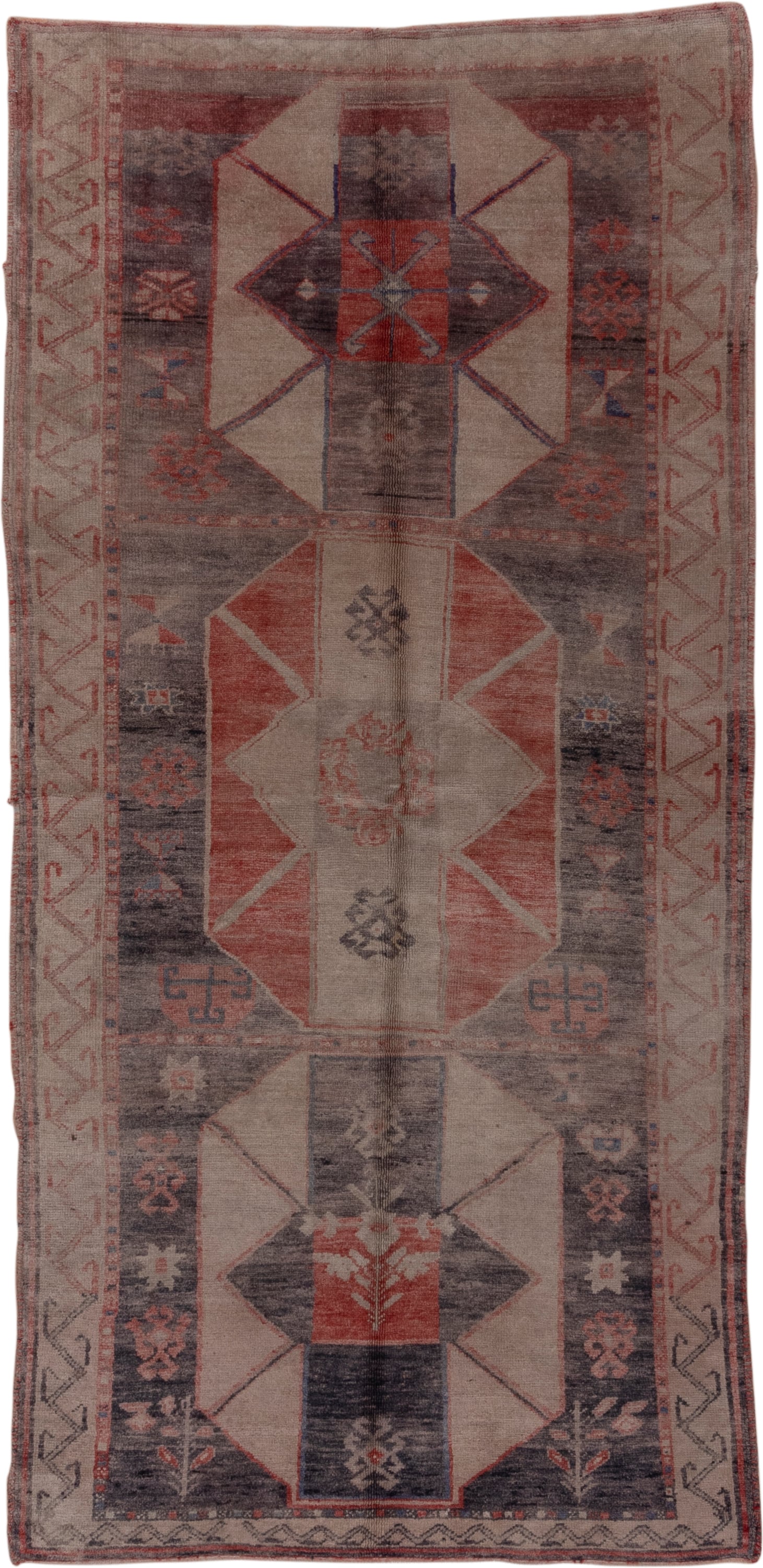 4' x 9' one-of-a-kind handmade vintage Oushak runner rug. Color palette: ivory, slate, rust, rose, charcoal, blue, gray