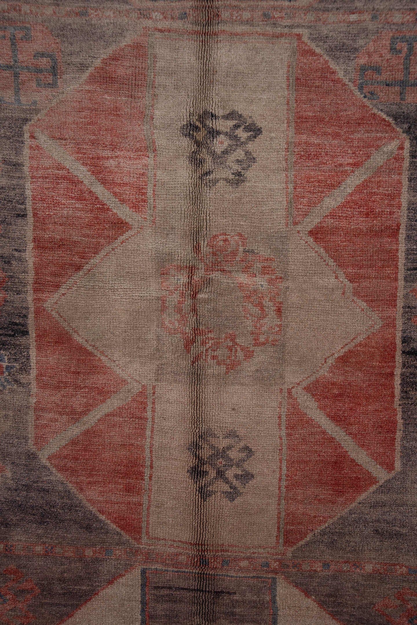 4' x 9' one-of-a-kind handmade vintage Oushak runner rug. Color palette: ivory, slate, rust, rose, charcoal, blue, gray