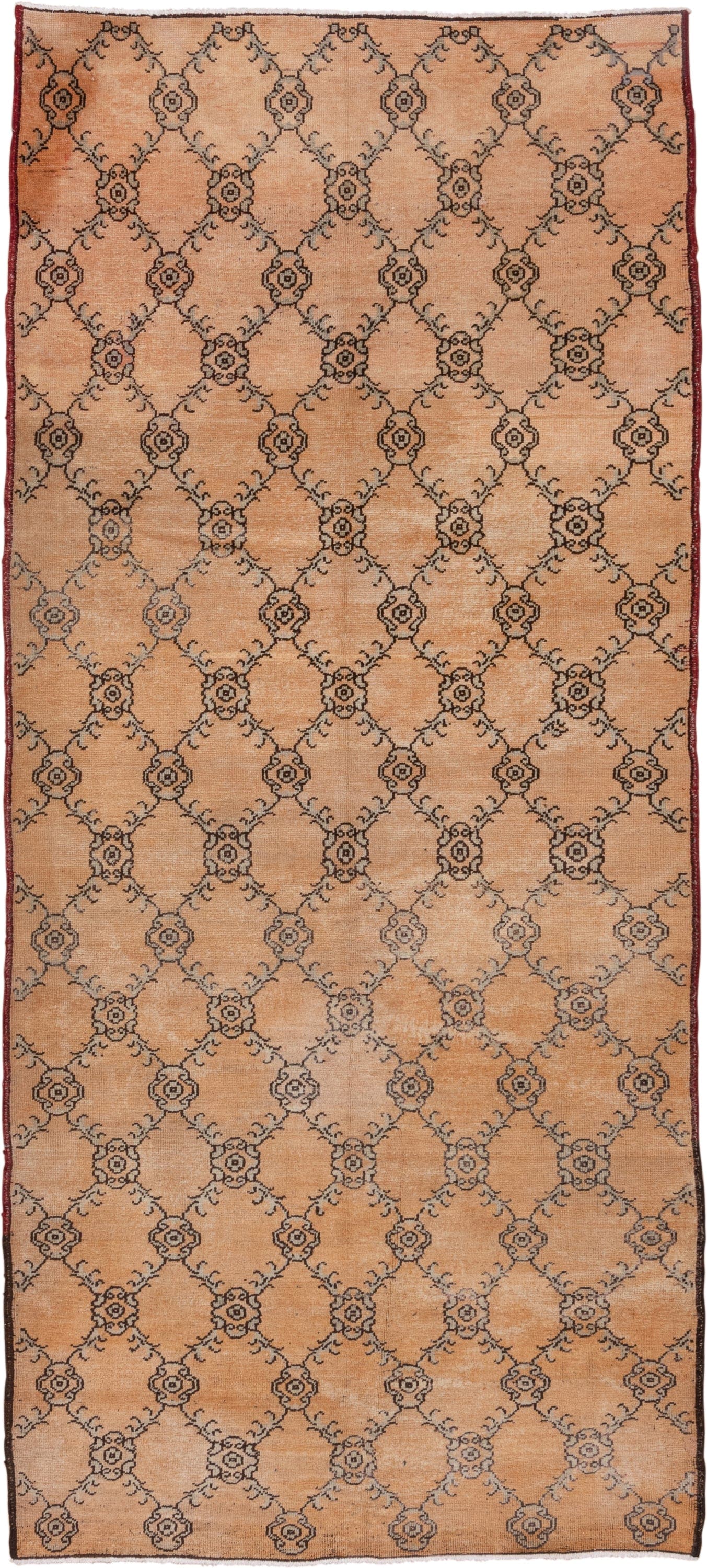5' x 11' one-of-a-kind handmade vintage Konya runner rug. Color palette: camel, taupe, charcoal, rust, beige, gray, black