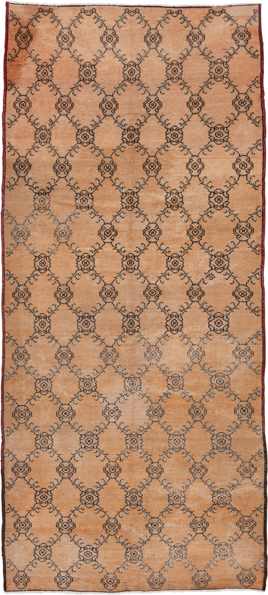 5' x 11' one-of-a-kind handmade vintage Konya runner rug. Color palette: camel, taupe, charcoal, rust, beige, gray, black