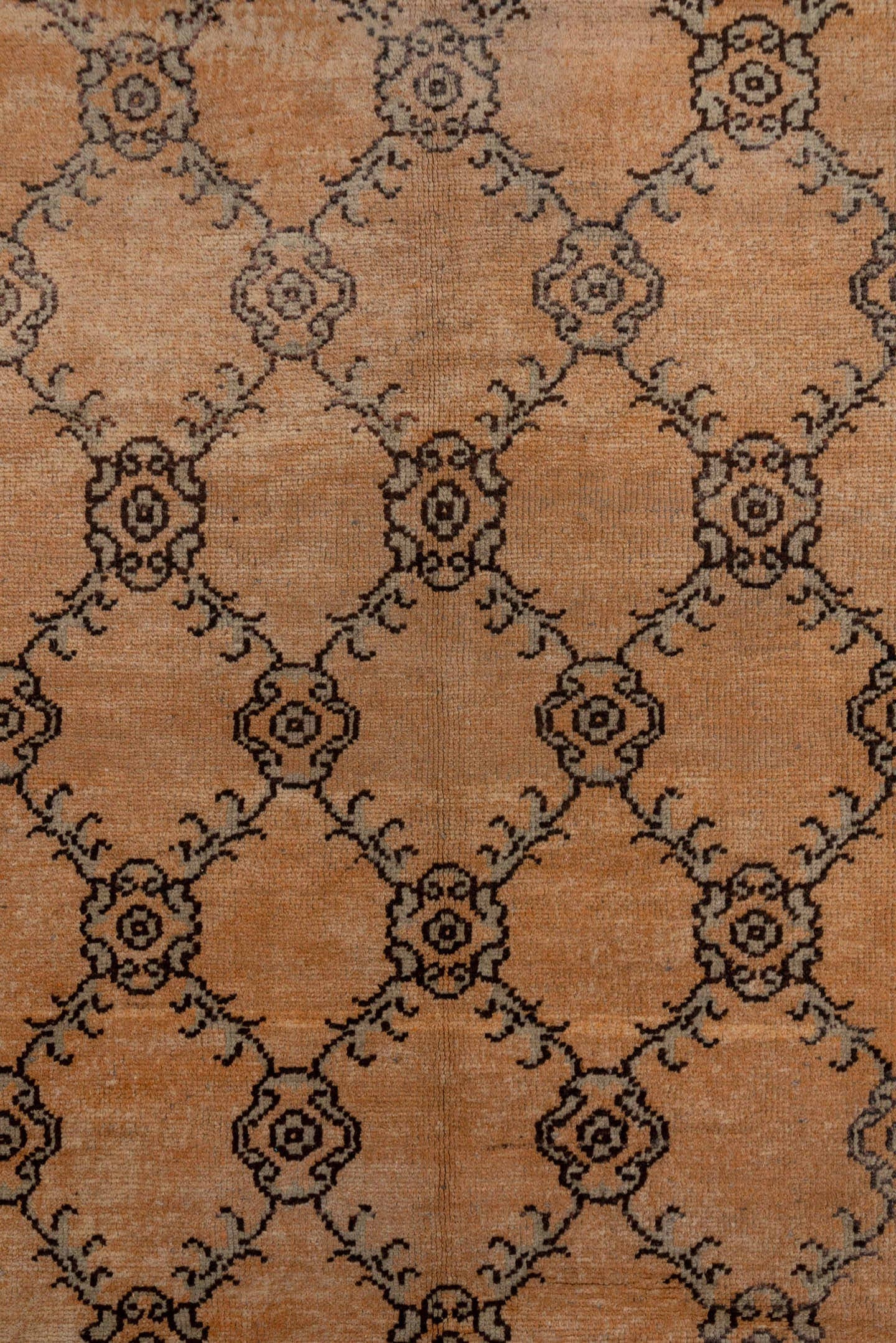 5' x 11' one-of-a-kind handmade vintage Konya runner rug. Color palette: camel, taupe, charcoal, rust, beige, gray, black