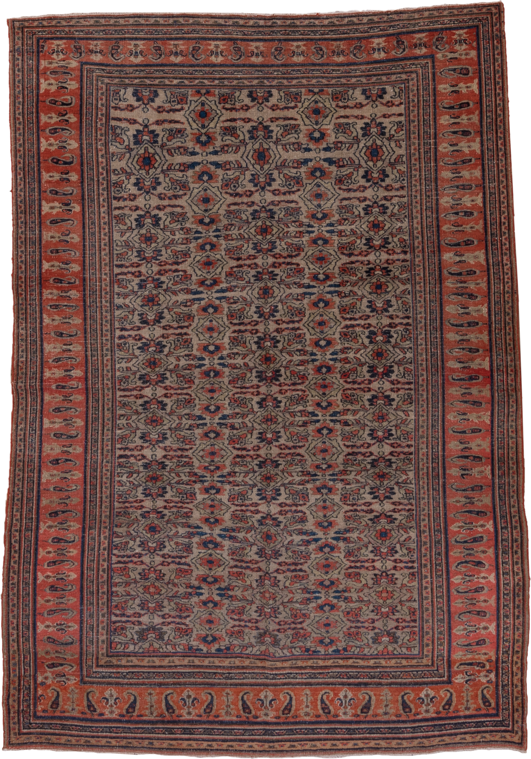 5' x 7' one-of-a-kind handmade vintage Khorassan rug. Color palette: ivory, rust, navy, slate, camel, rose, terracotta