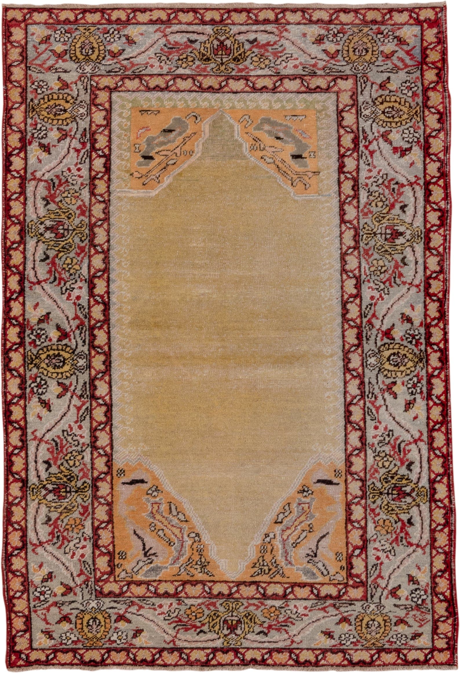 4' x 5' one-of-a-kind handmade vintage Oushak small size rug. Color palette: gold, ivory, rust, camel, charcoal, rose