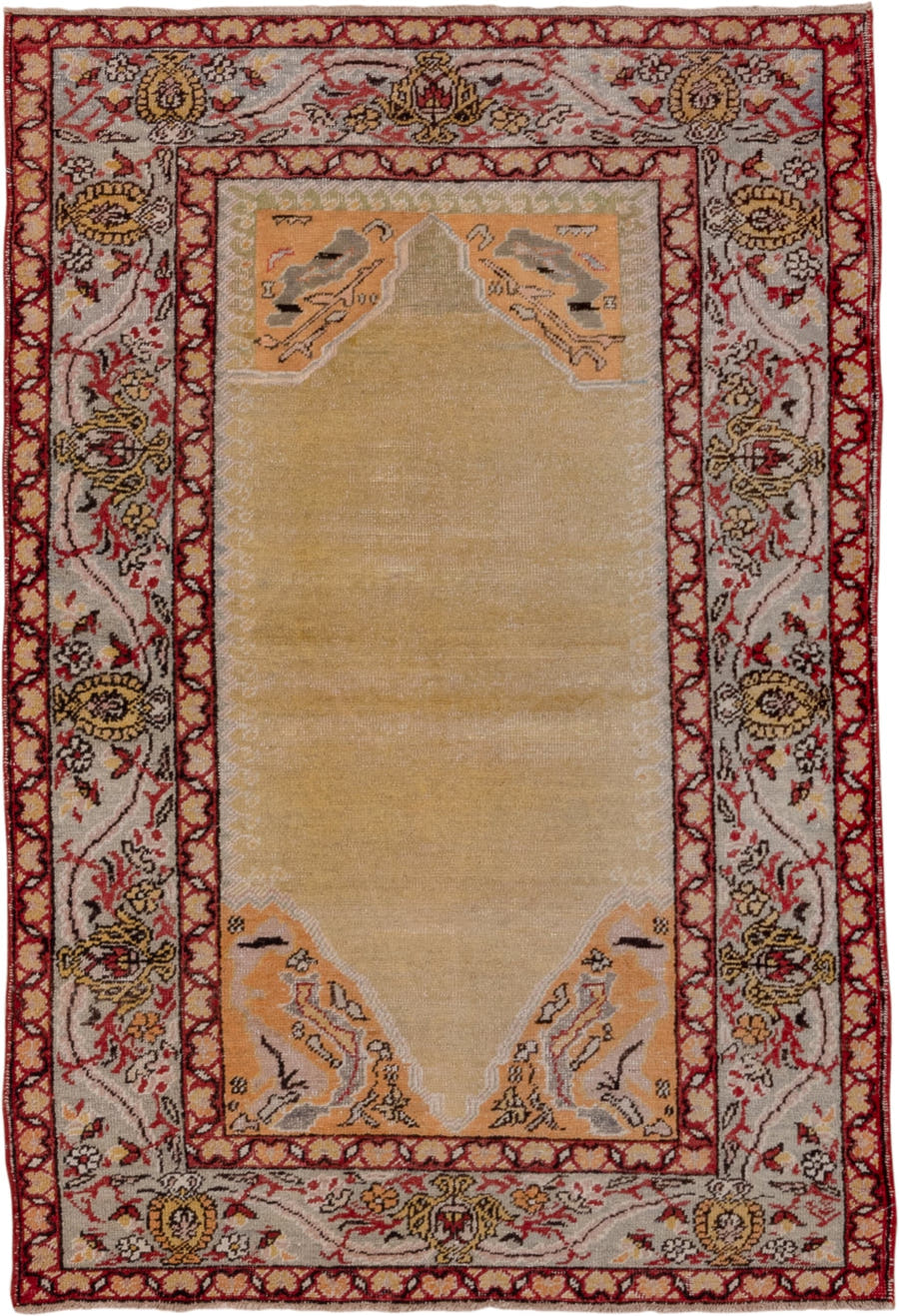 4' x 5' one-of-a-kind handmade vintage Oushak small size rug. Color palette: gold, ivory, rust, camel, charcoal, rose