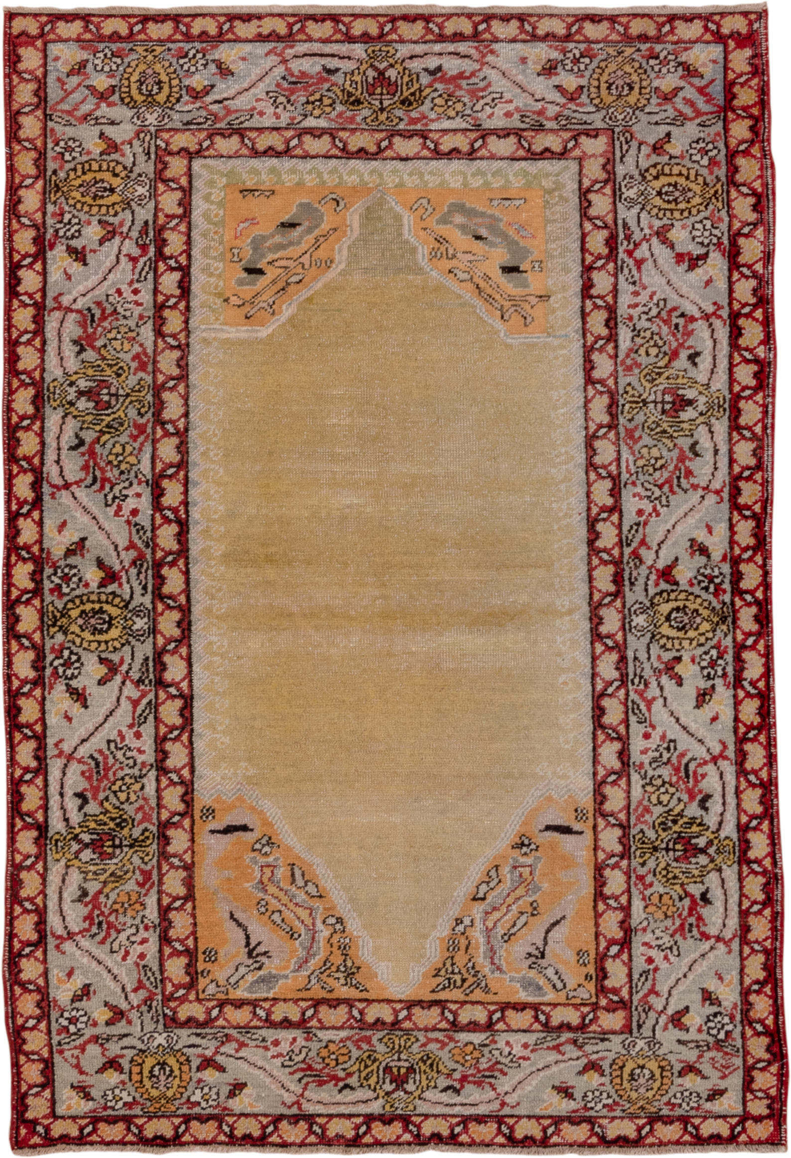 4' x 5' one-of-a-kind handmade vintage Oushak small size rug. Color palette: gold, ivory, rust, camel, charcoal, rose