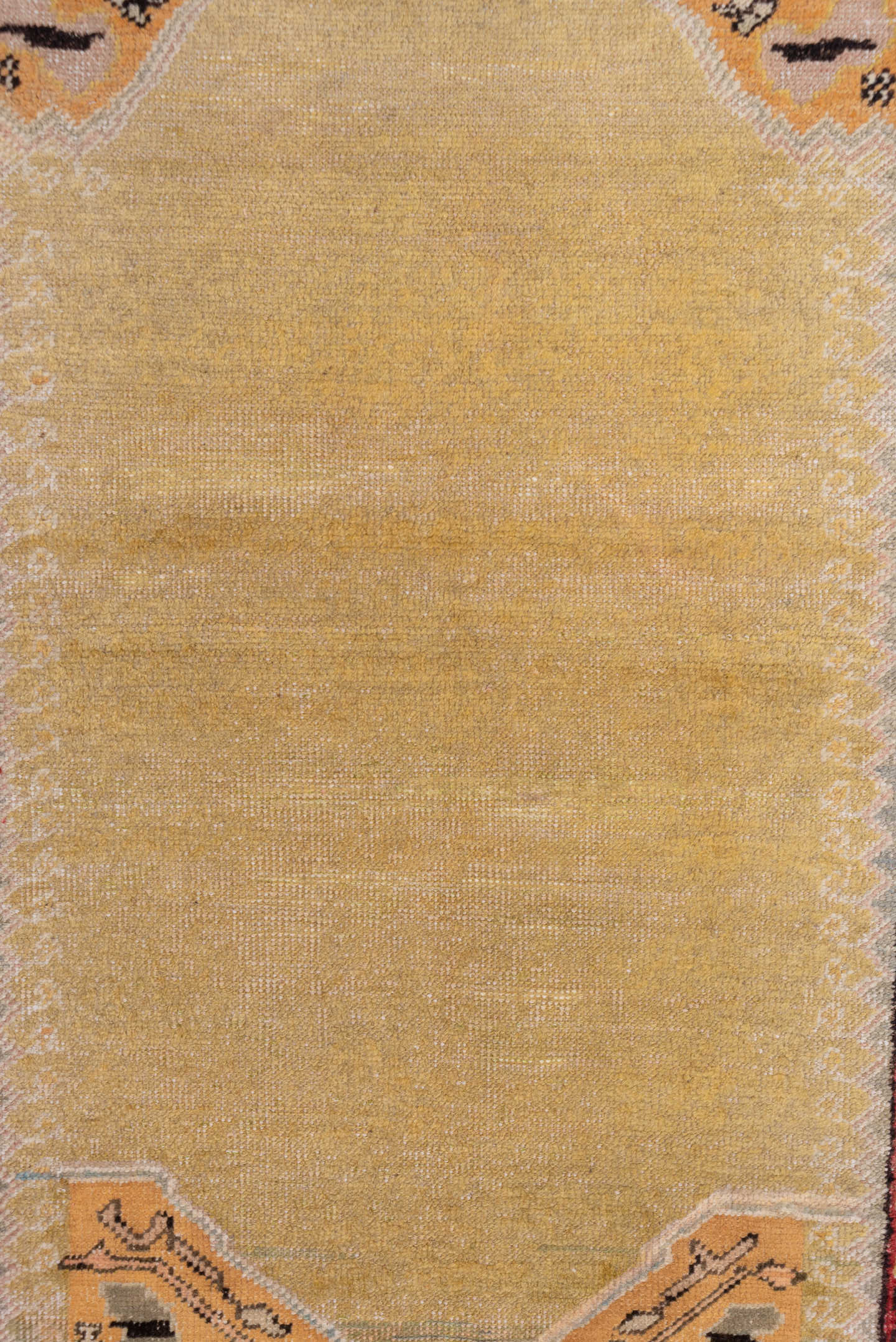 4' x 5' one-of-a-kind handmade vintage Oushak small size rug. Color palette: gold, ivory, rust, camel, charcoal, rose