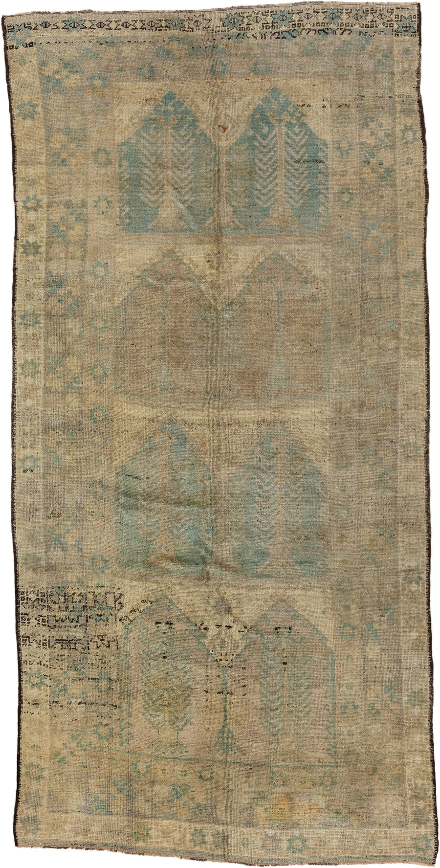 5' x 11' one-of-a-kind handmade vintage Oushak rug. Color palette: beige, ivory, pale blue, taupe, camel, charcoal