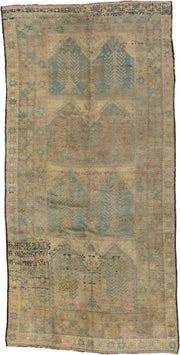 5' x 11' one-of-a-kind handmade vintage Oushak rug. Color palette: beige, ivory, pale blue, taupe, camel, charcoal