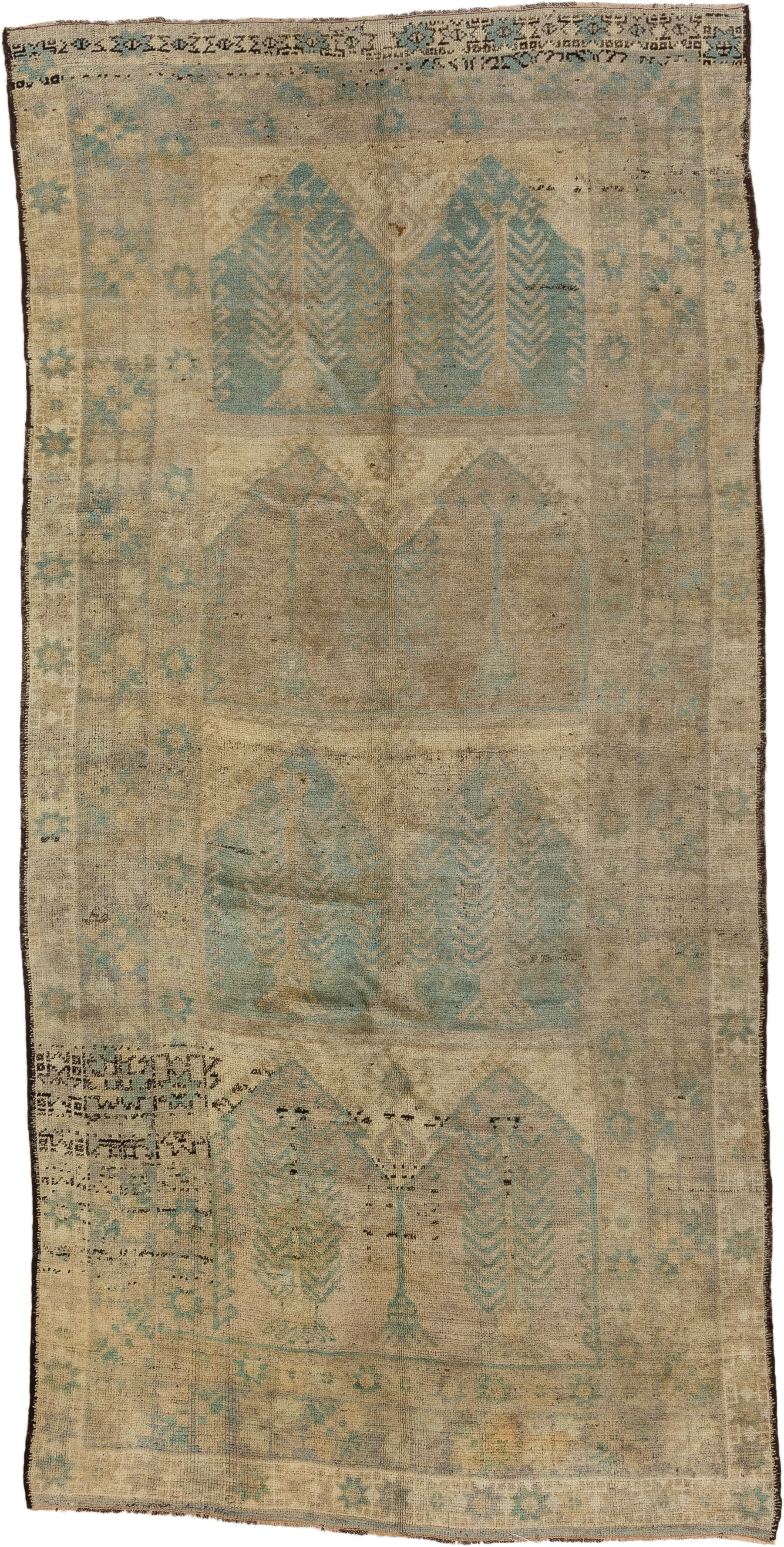 5' x 11' one-of-a-kind handmade vintage Oushak rug. Color palette: beige, ivory, pale blue, taupe, camel, charcoal