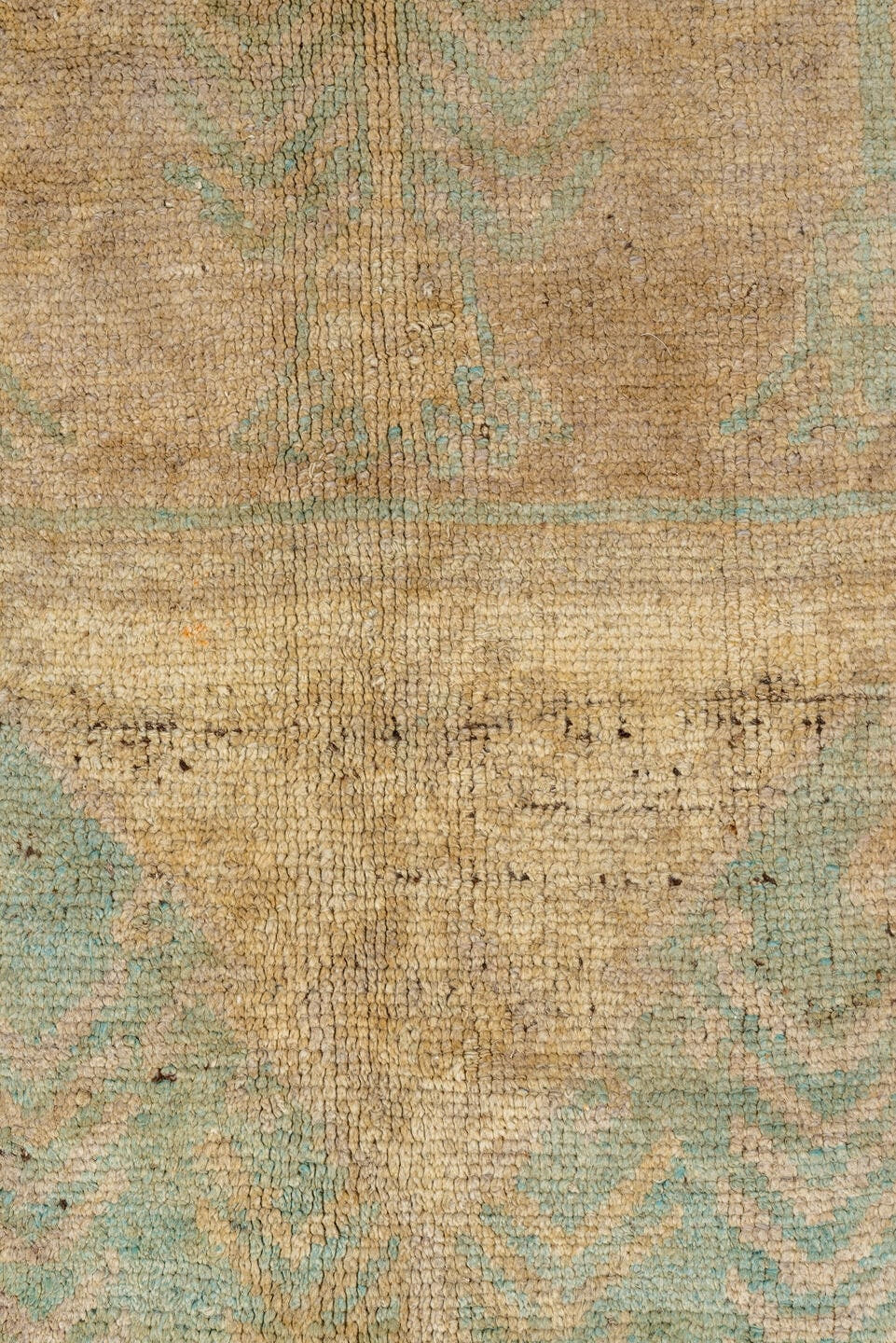 5' x 11' one-of-a-kind handmade vintage Oushak rug. Color palette: beige, ivory, pale blue, taupe, camel, charcoal