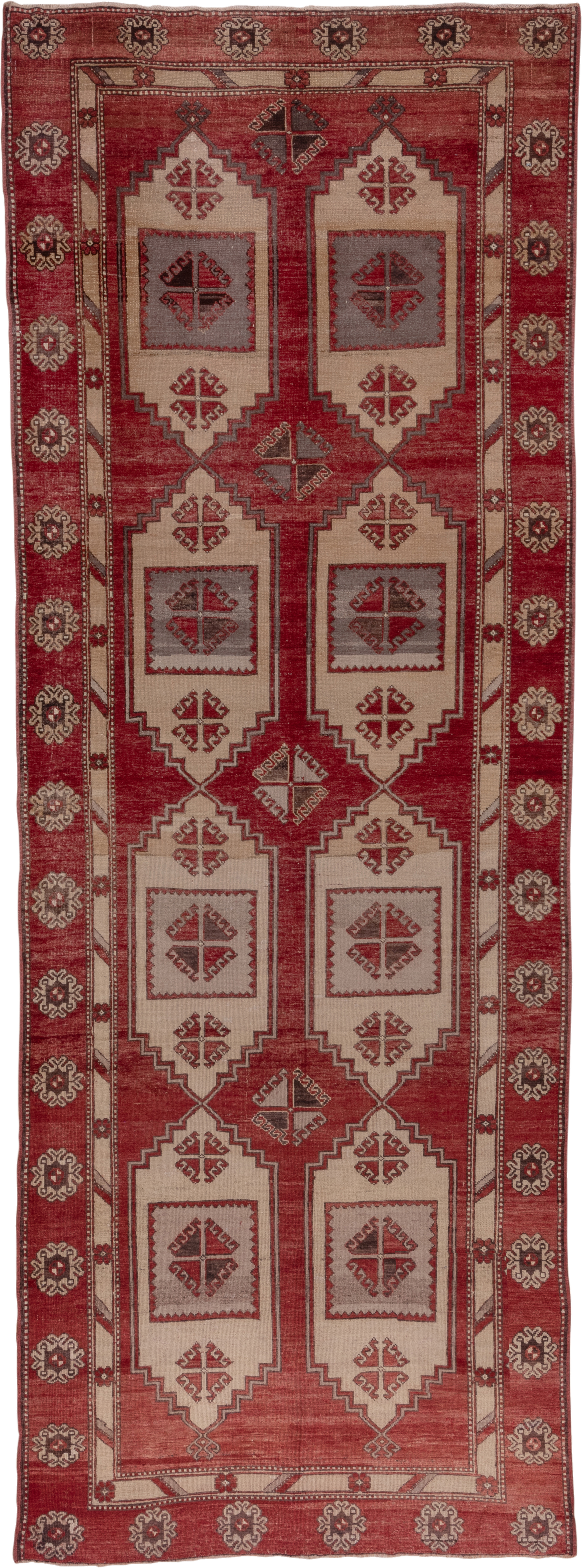 5' x 14' one-of-a-kind handmade vintage Oushak rug. Color palette: rust, ivory, taupe, rose, burgundy, charcoal, terracotta
