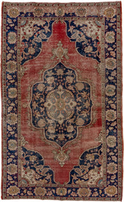 5' x 9' one-of-a-kind handmade antique Oushak medium size rug. Color palette: terra cotta, navy, ivory, beige, slate, rust