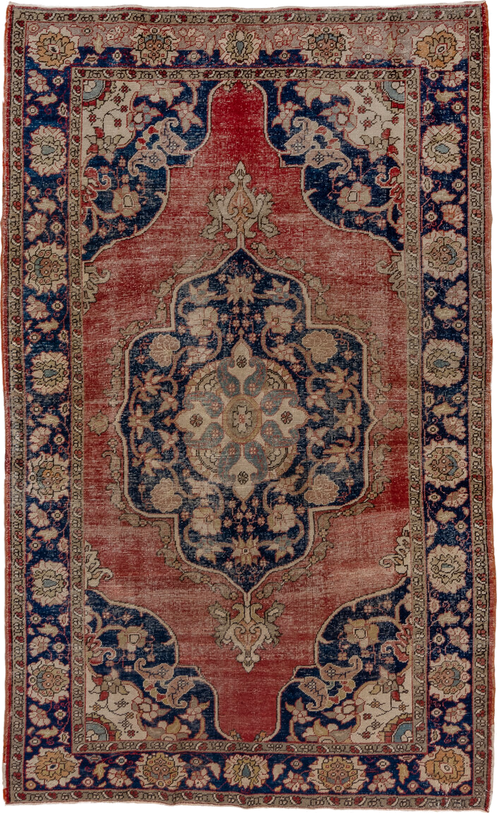 5' x 9' one-of-a-kind handmade antique Oushak medium size rug. Color palette: terra cotta, navy, ivory, beige, slate, rust
