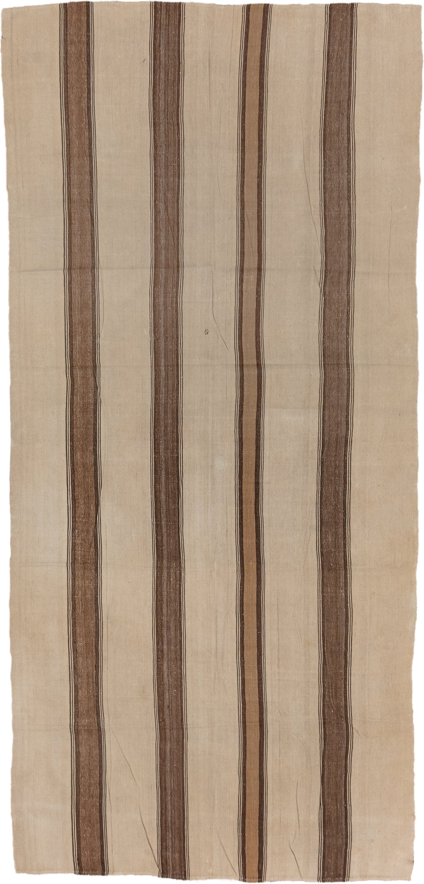 5' x 11' one-of-a-kind handmade vintage Kilim rug. Color palette: ivory, taupe, brown, camel, charcoal, beige, gray, black