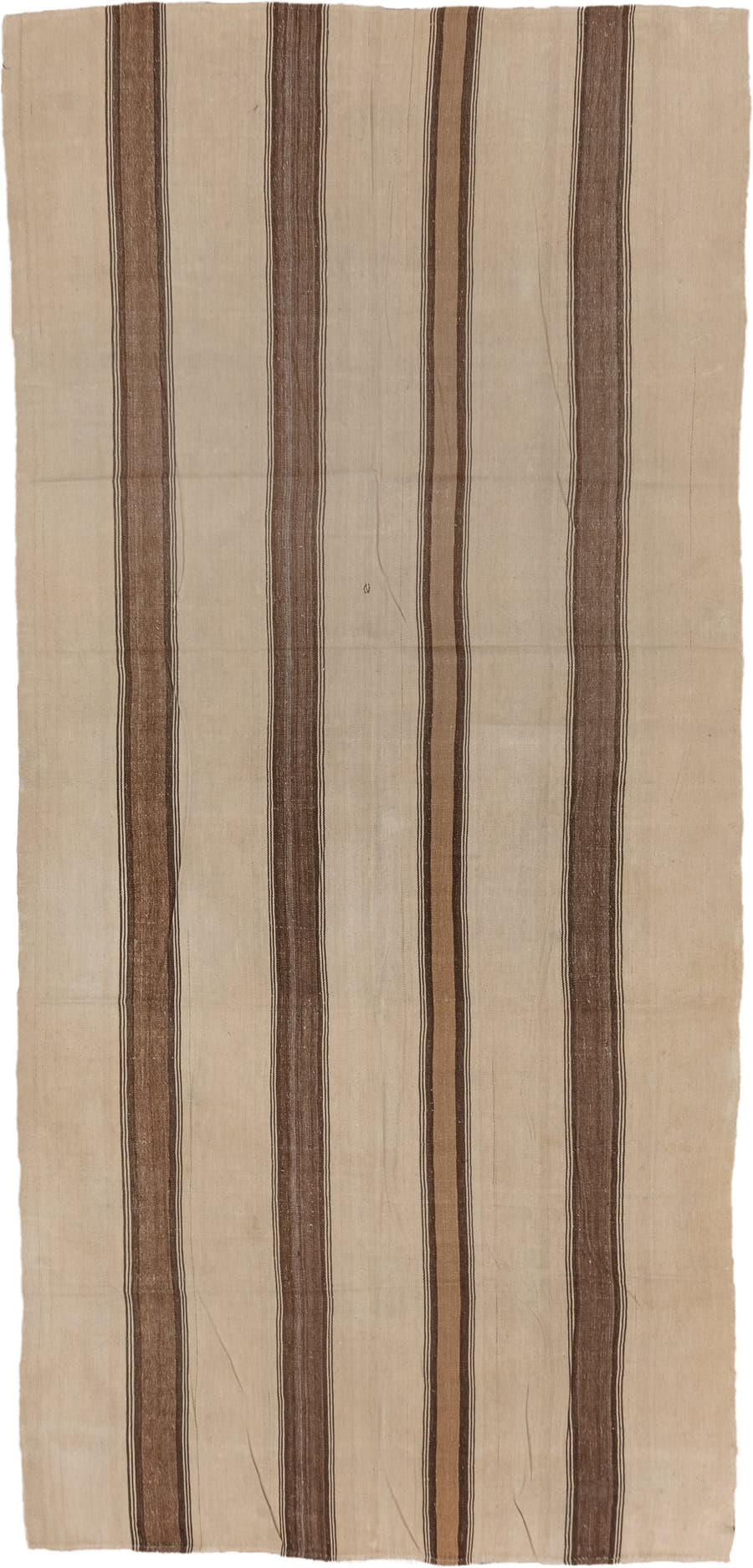 5' x 11' one-of-a-kind handmade vintage Kilim rug. Color palette: ivory, taupe, brown, camel, charcoal, beige, gray, black