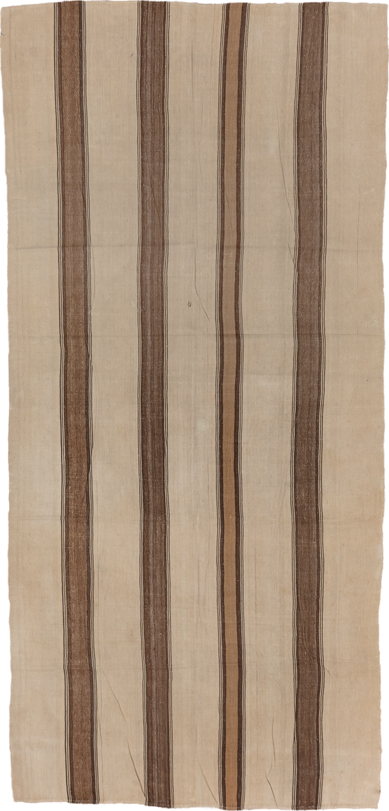 5' x 11' one-of-a-kind handmade vintage Kilim rug. Color palette: ivory, taupe, brown, camel, charcoal, beige, gray, black