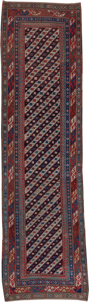 3' x 12' one-of-a-kind handmade vintage Genje runner rug. Color palette: ivory, rust, navy, sky_blue, brick, charcoal