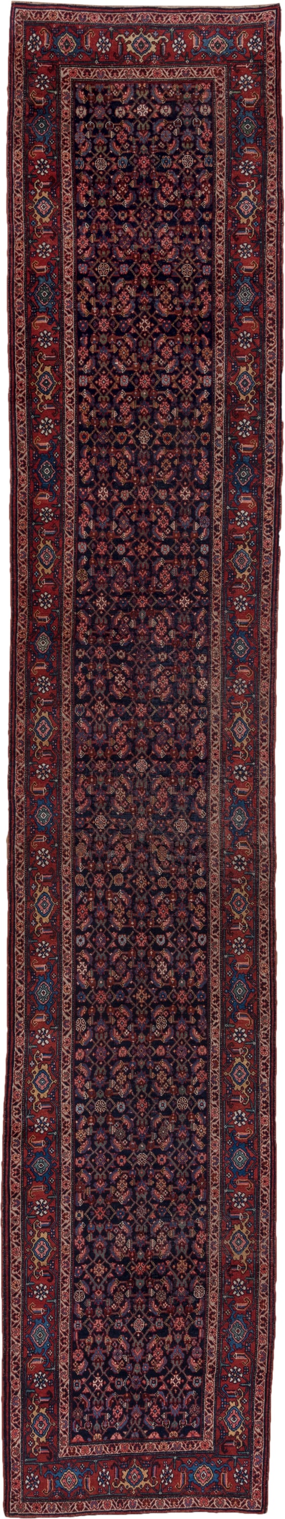 3' x 16' one-of-a-kind handmade antique Bidjar runner rug. Color palette: navy, rust, crimson, ivory, indigo, rose, camel