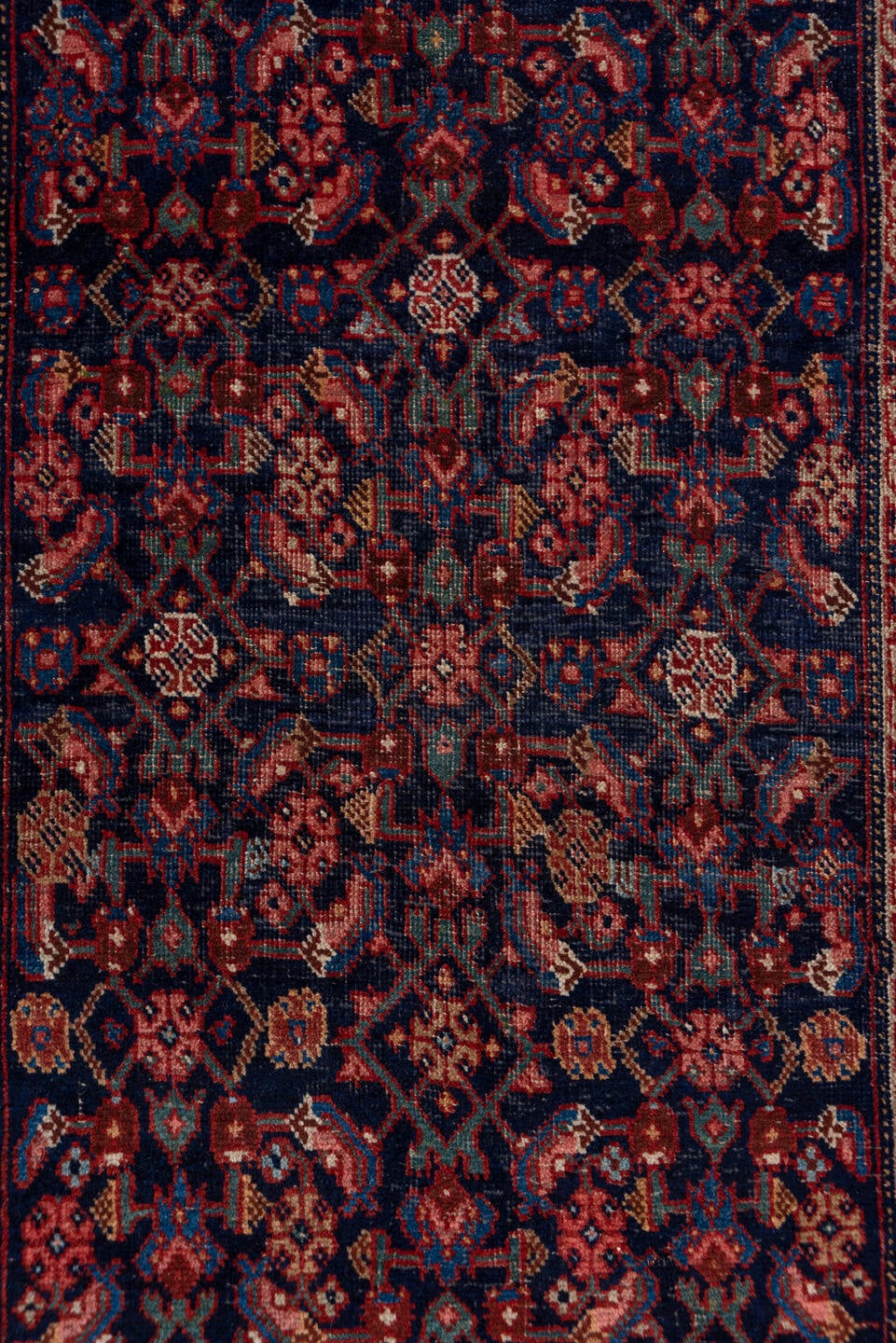 3' x 16' one-of-a-kind handmade antique Bidjar runner rug. Color palette: navy, rust, crimson, ivory, indigo, rose, camel