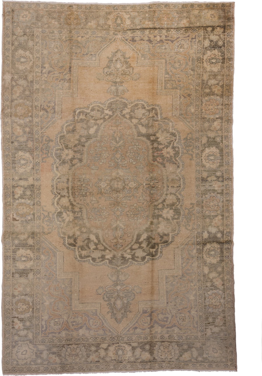 8' x 13' one-of-a-kind handmade vintage Oushak large size rug. Color palette: beige, taupe, gray, ivory, camel, greige