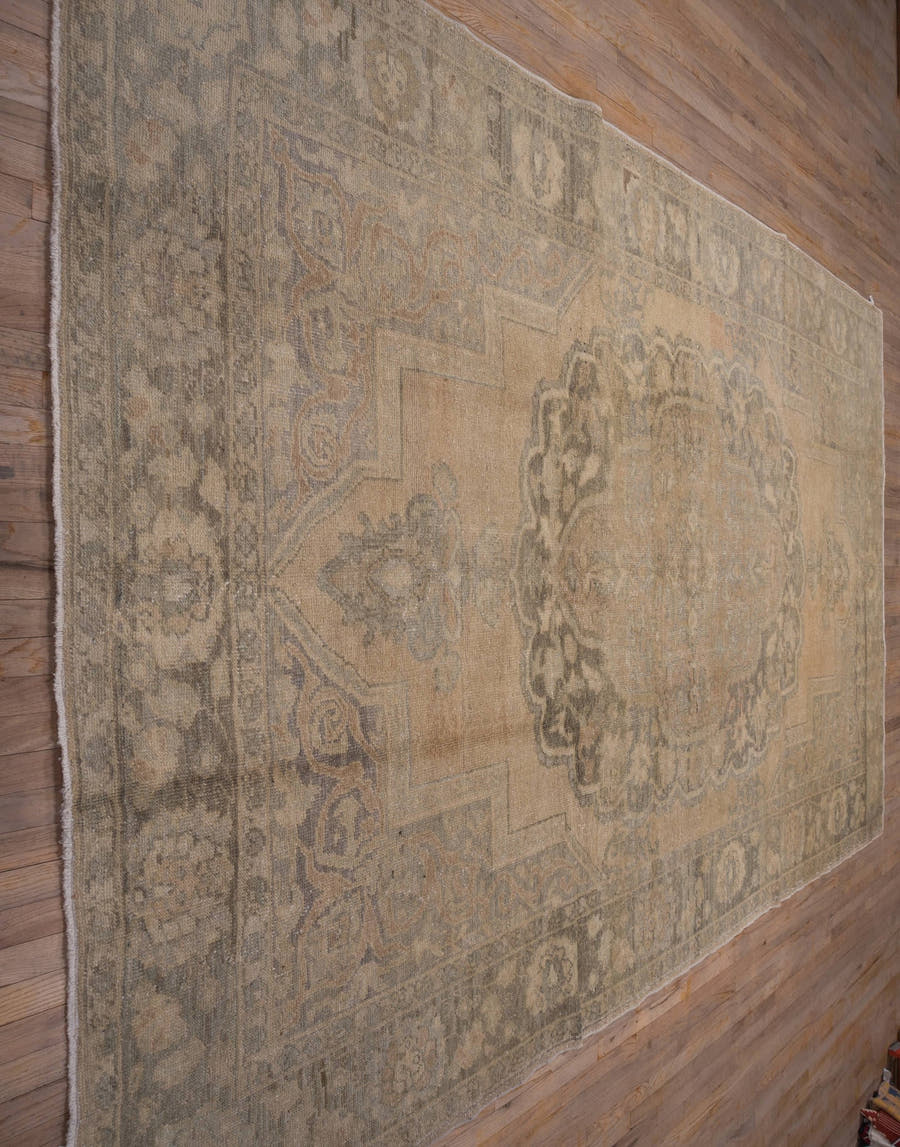 8' x 13' one-of-a-kind handmade vintage Oushak large size rug. Color palette: beige, taupe, gray, ivory, camel, greige