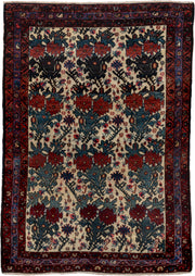 3' x 4' one-of-a-kind handmade vintage Malayer small size rug. Color palette: ivory, rust, navy, slate_blue, crimson, rose