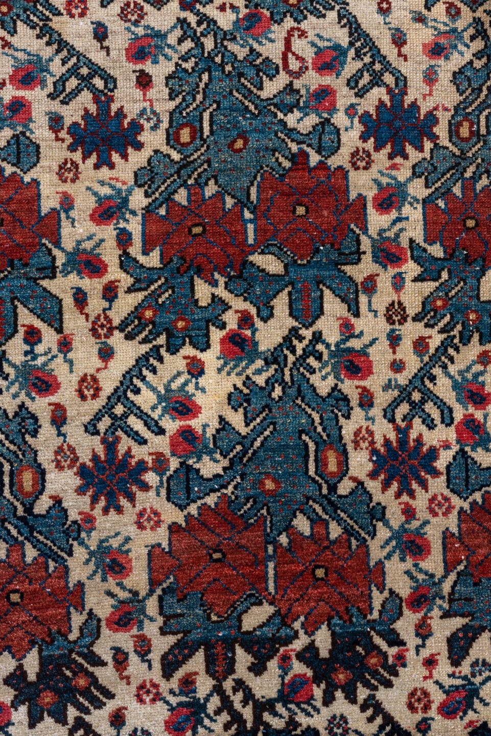 3' x 4' one-of-a-kind handmade vintage Malayer small size rug. Color palette: ivory, rust, navy, slate_blue, crimson, rose
