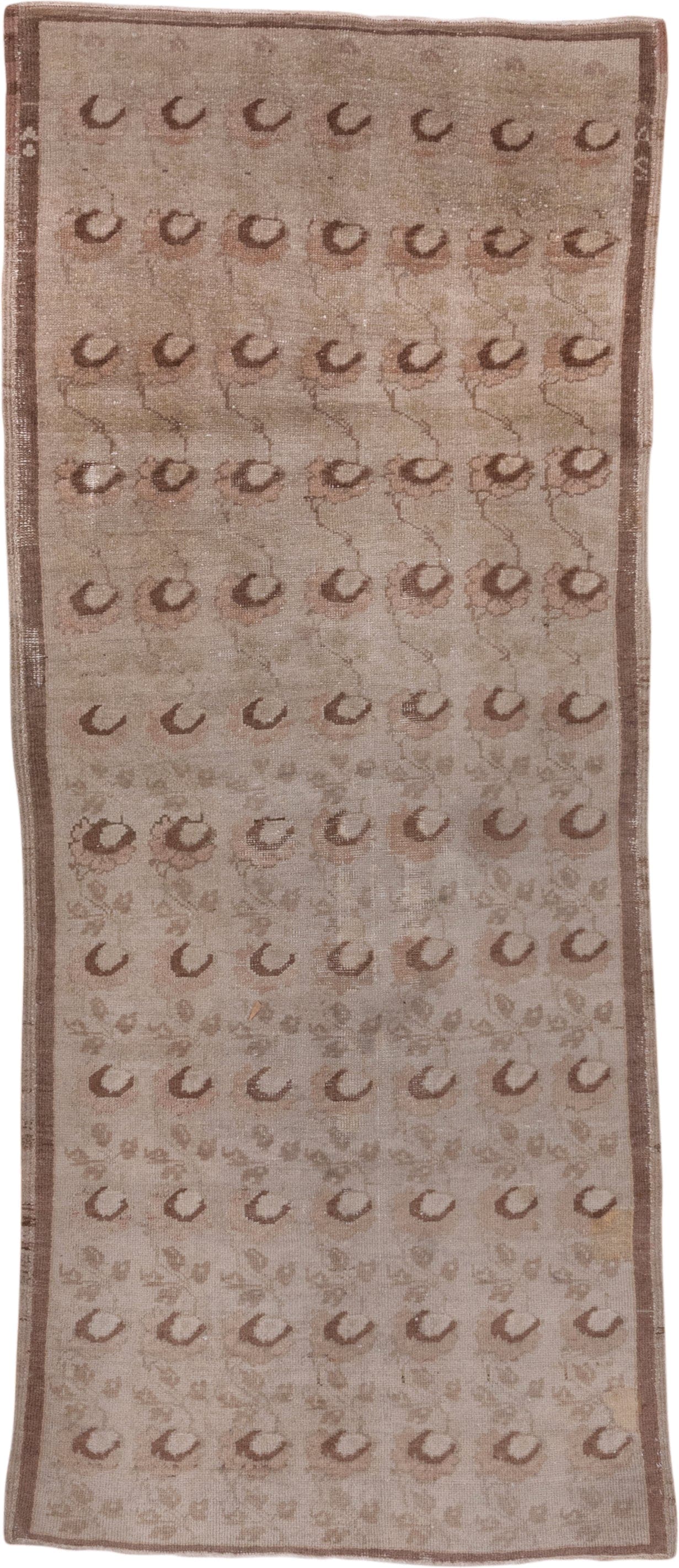 3' x 8' one-of-a-kind handmade vintage Oushak runner rug. Color palette: beige, taupe, dusty_rose, ivory, camel, gray, pink