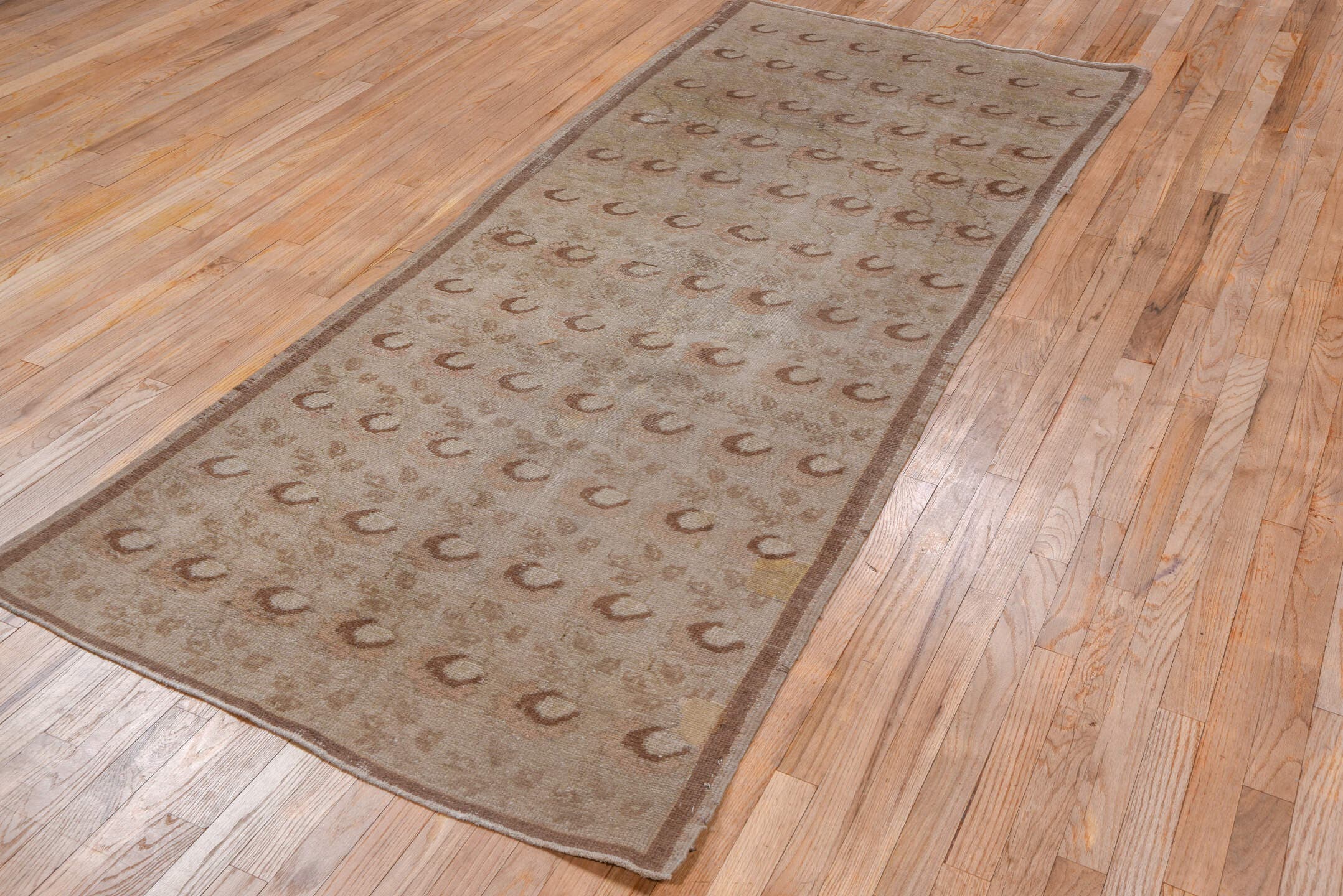 3' x 8' one-of-a-kind handmade vintage Oushak runner rug. Color palette: beige, taupe, dusty_rose, ivory, camel, gray, pink