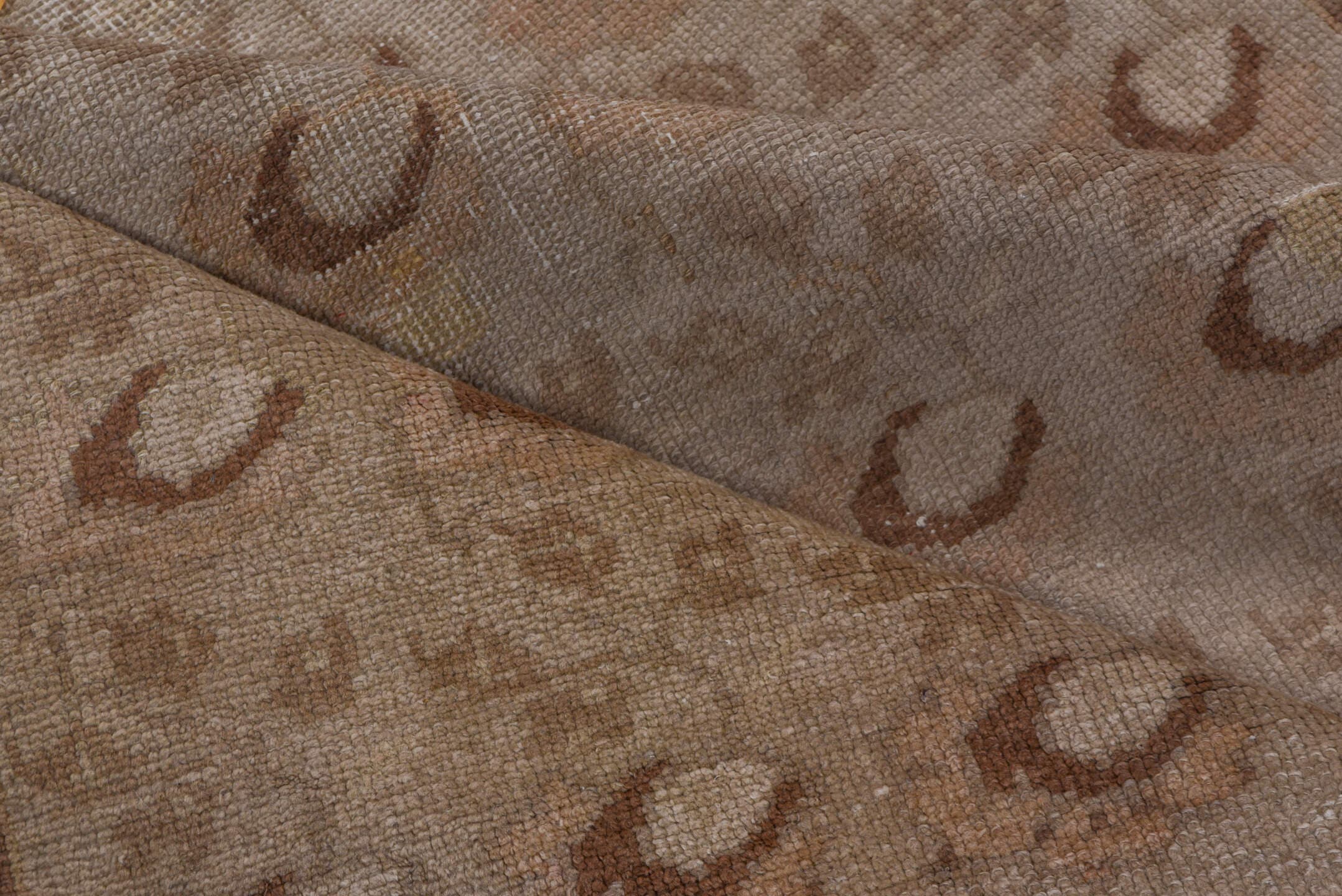 3' x 8' one-of-a-kind handmade vintage Oushak runner rug. Color palette: beige, taupe, dusty_rose, ivory, camel, gray, pink