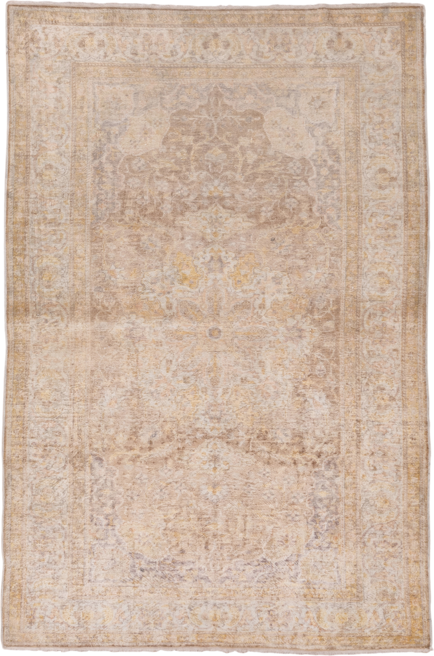 3' x 5' one-of-a-kind handmade vintage Kaisary small size rug. Color palette: ivory, beige, taupe, camel, gold, sand