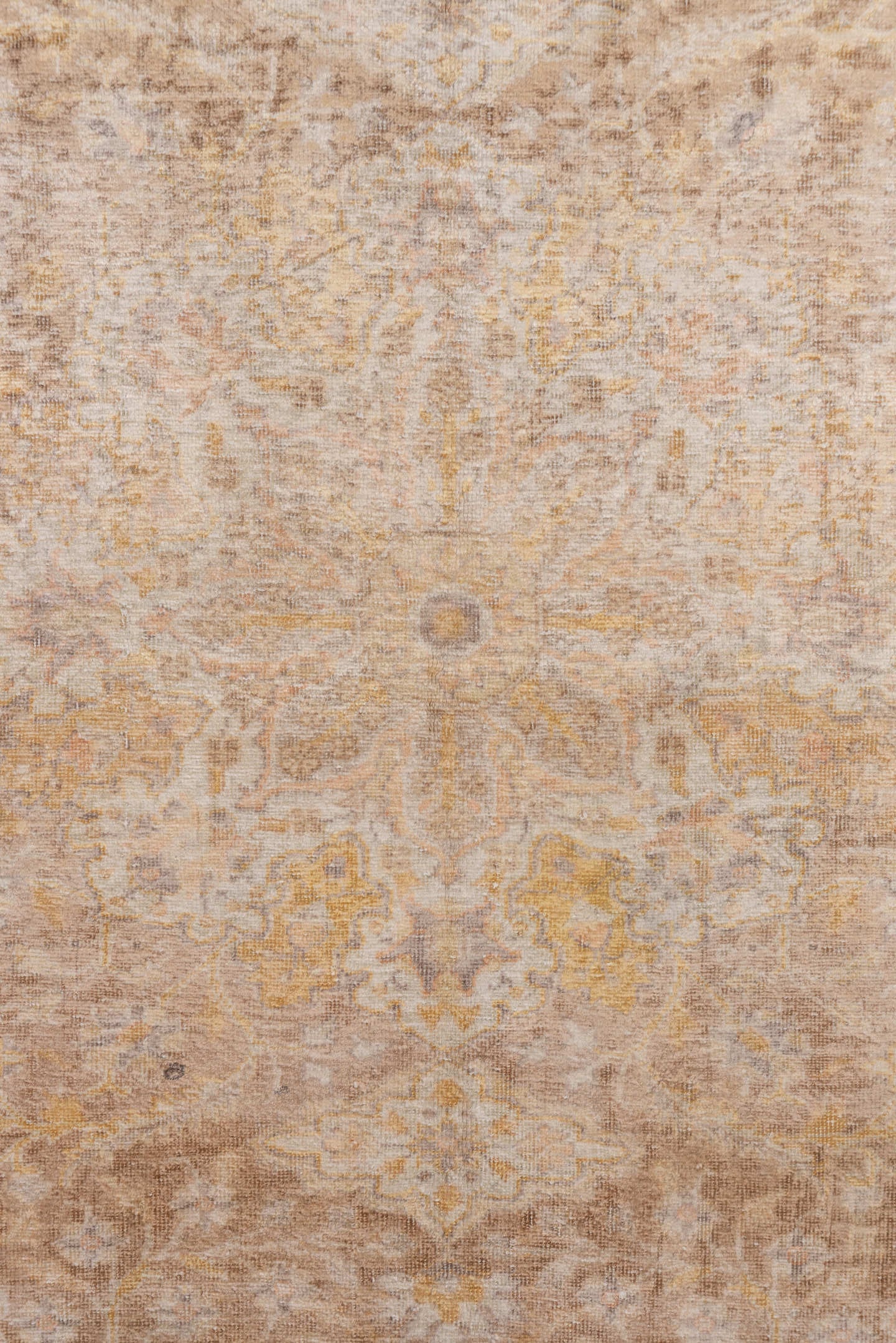 3' x 5' one-of-a-kind handmade vintage Kaisary small size rug. Color palette: ivory, beige, taupe, camel, gold, sand