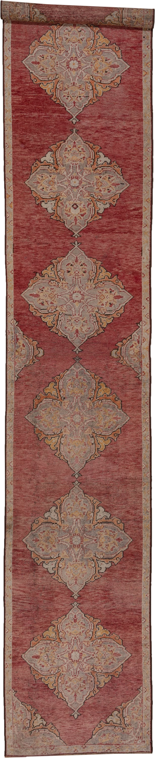 3' x 18' one-of-a-kind handmade vintage Oushak runner rug. Color palette: rose, ivory, taupe, terra cotta, sage, gold, brown