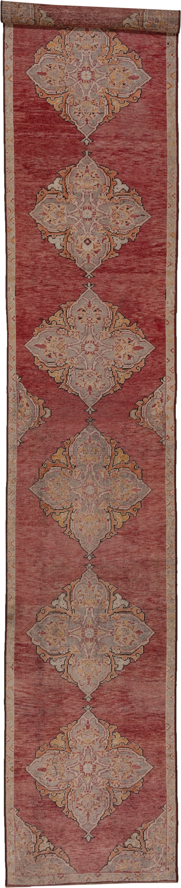 3' x 18' one-of-a-kind handmade vintage Oushak runner rug. Color palette: rose, ivory, taupe, terra cotta, sage, gold, brown