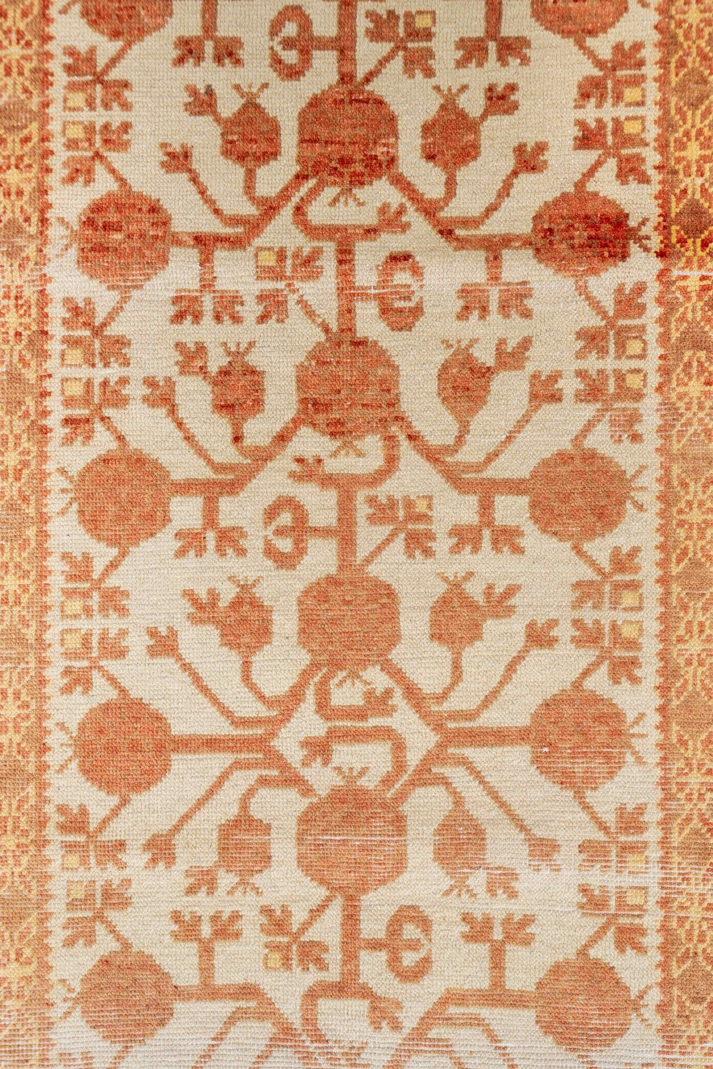3' x 16' one-of-a-kind handmade vintage Khotan runner rug. Color palette: ivory, rust, peach, terra cotta, camel, terracotta