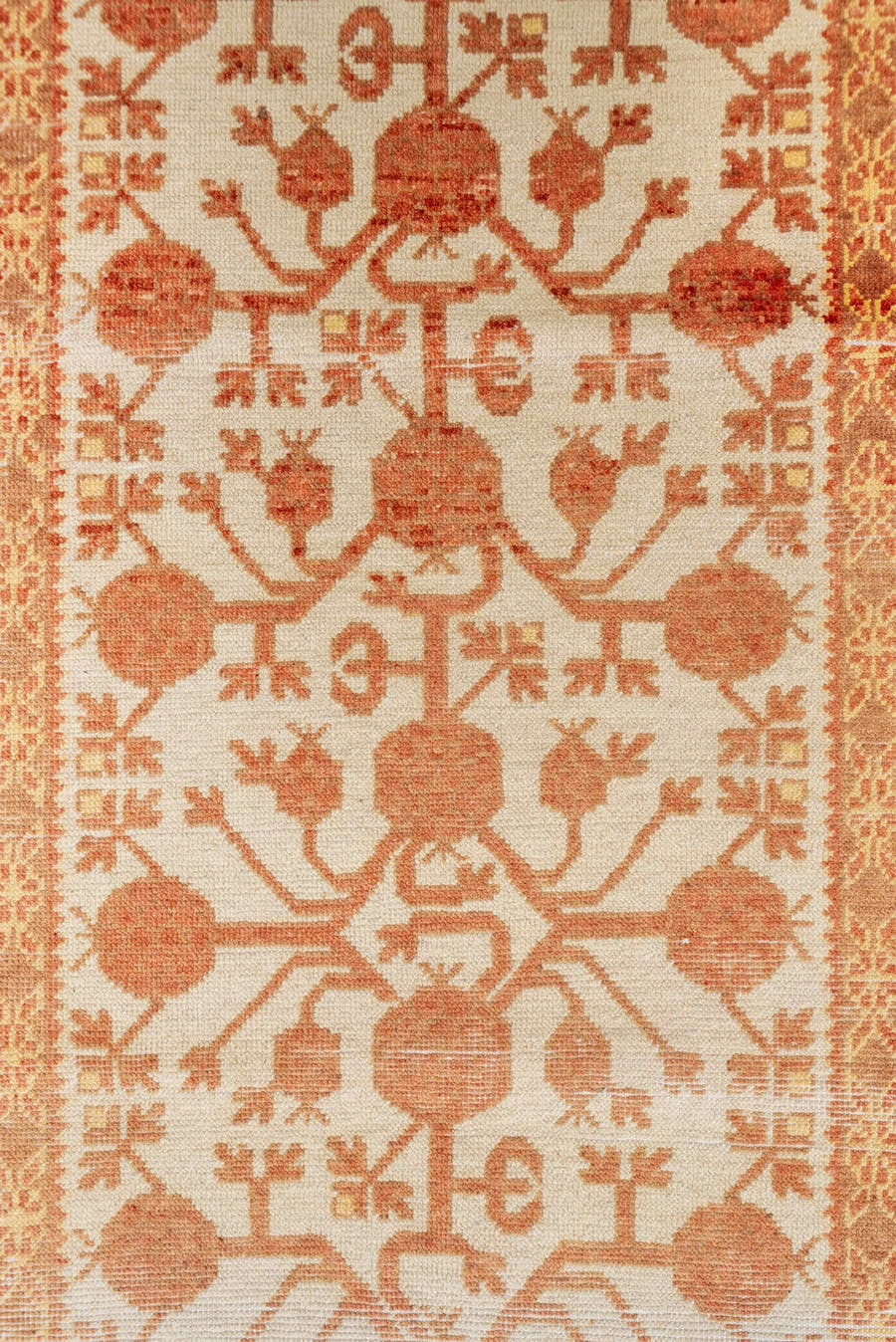 3' x 16' one-of-a-kind handmade vintage Khotan runner rug. Color palette: ivory, rust, peach, terra cotta, camel, terracotta