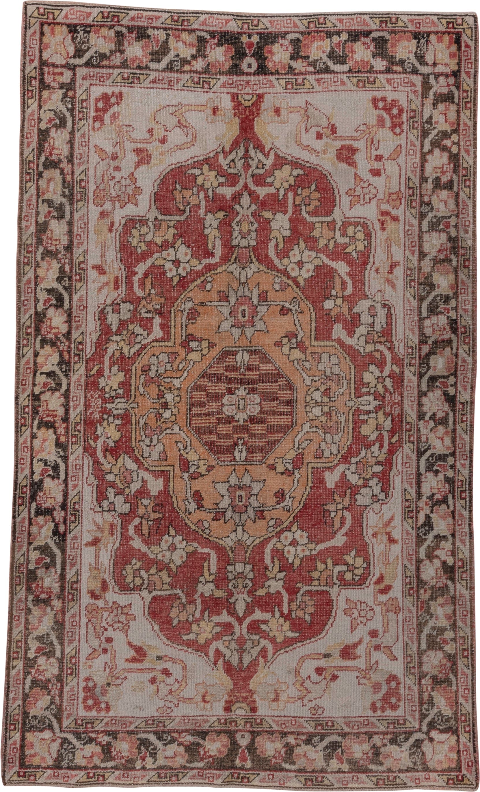 5' x 8' one-of-a-kind handmade vintage Oushak medium size rug. Color palette: ivory, rust, charcoal, blush, peach, taupe