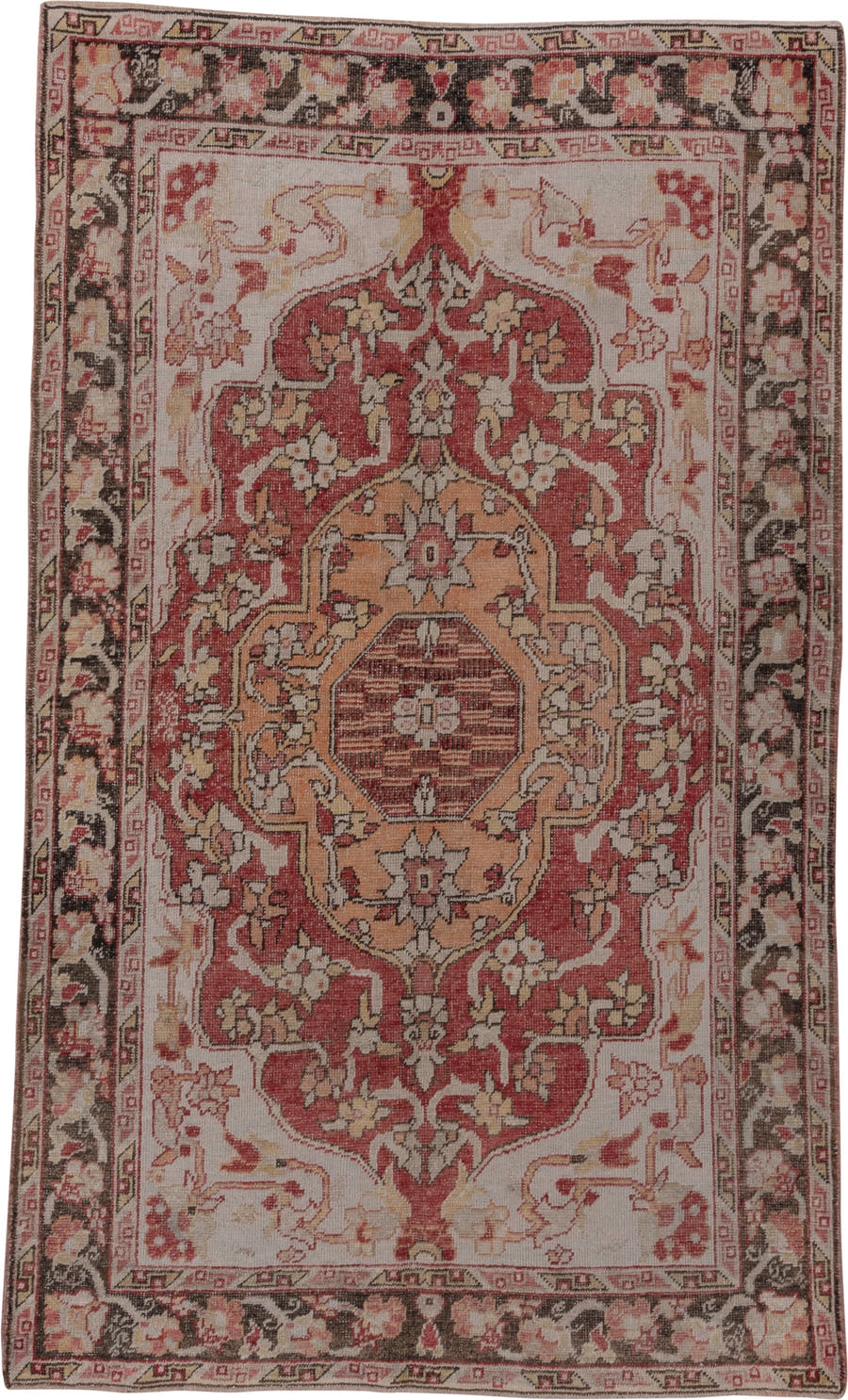 5' x 8' one-of-a-kind handmade vintage Oushak medium size rug. Color palette: ivory, rust, charcoal, blush, peach, taupe