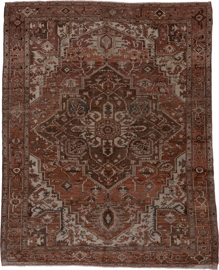 9' x 11' one-of-a-kind handmade vintage Serapi large size rug. Color palette: rust, brown, ivory, terra cotta, taupe