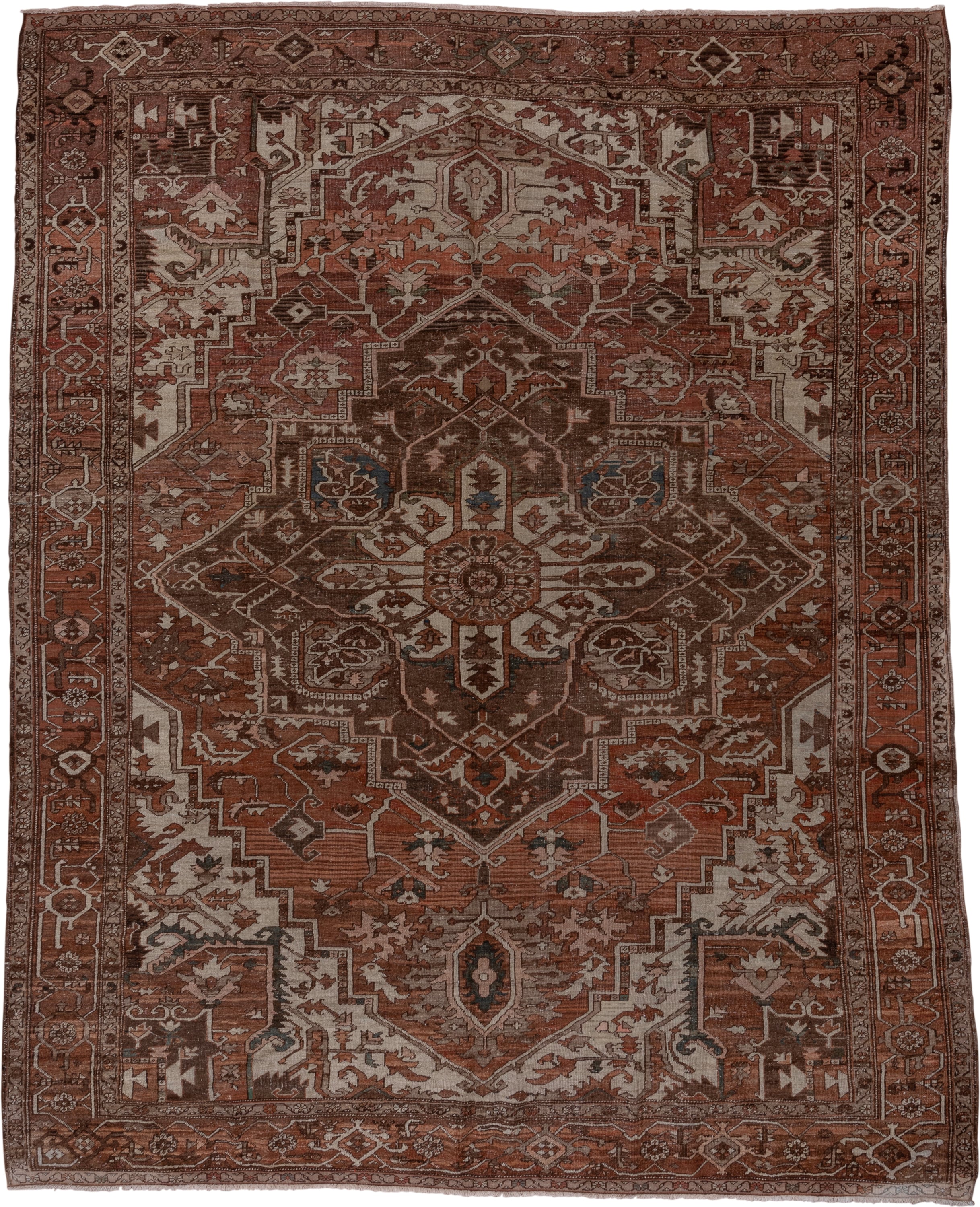 9' x 11' one-of-a-kind handmade vintage Serapi large size rug. Color palette: rust, brown, ivory, terra cotta, taupe