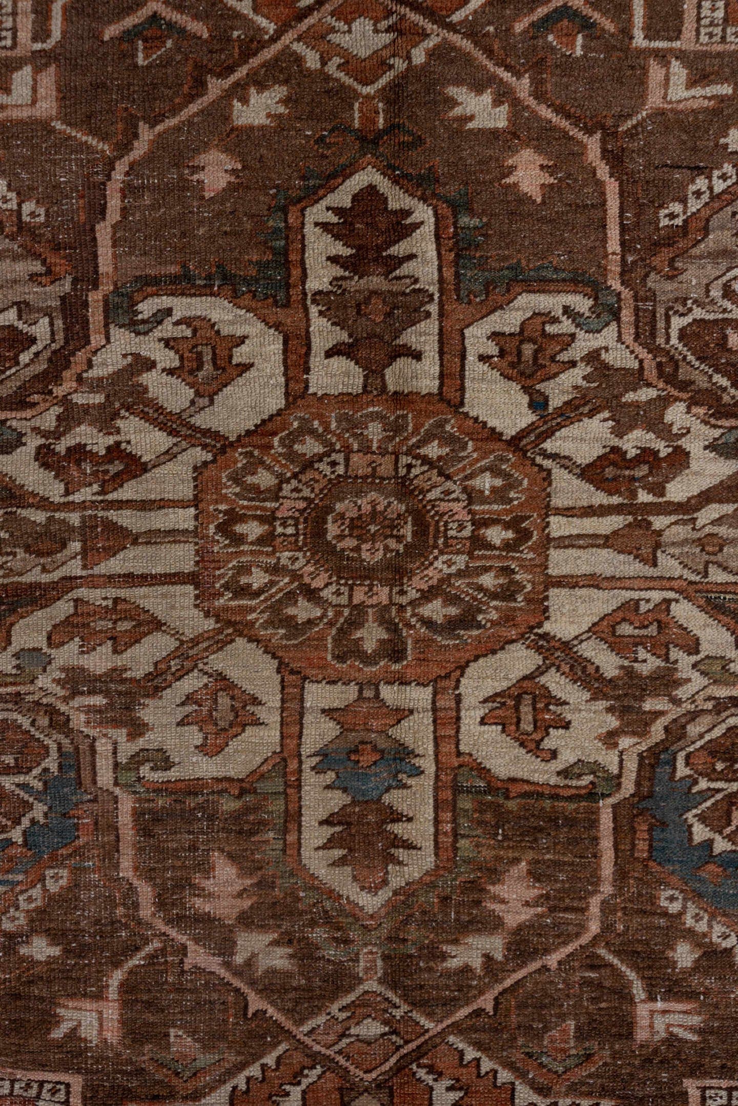 9' x 11' one-of-a-kind handmade vintage Serapi large size rug. Color palette: rust, brown, ivory, terra cotta, taupe