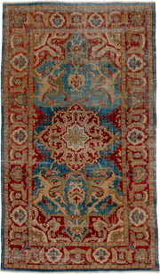3' x 6' one-of-a-kind handmade antique Amritzar small size rug. Color palette: blue, ivory, rust, beige, red, camel, teal