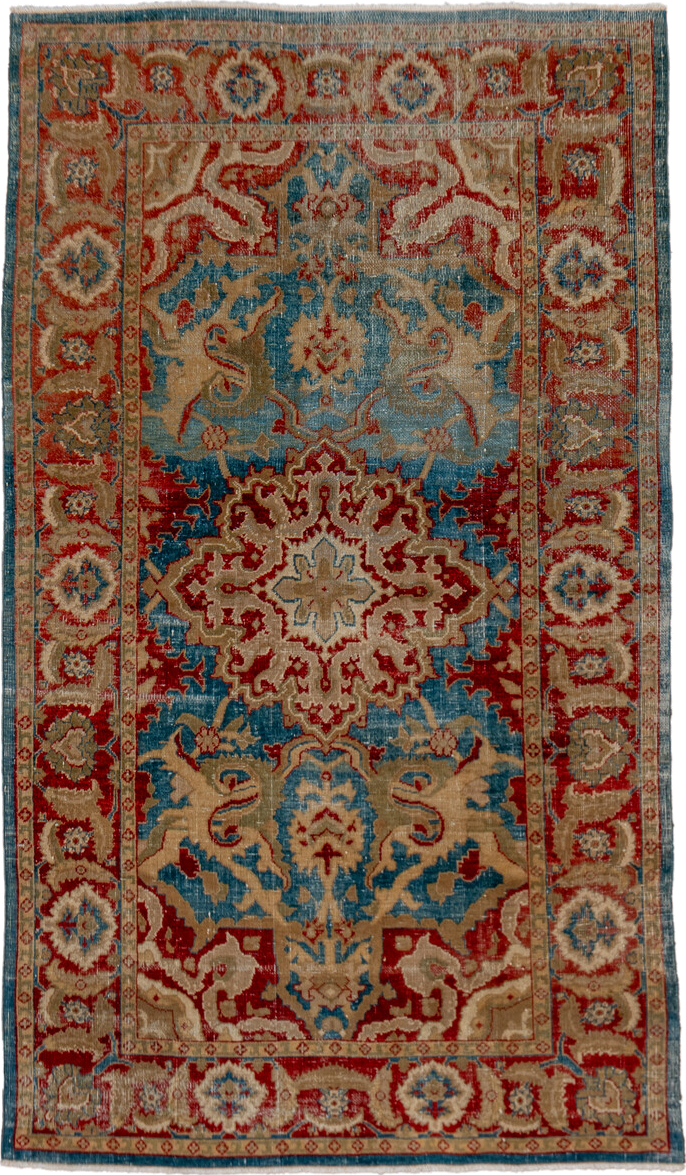 3' x 6' one-of-a-kind handmade antique Amritzar small size rug. Color palette: blue, ivory, rust, beige, red, camel, teal
