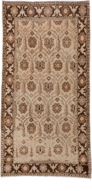 4' x 9' one-of-a-kind handmade vintage Oushak rug. Color palette: ivory, brown, taupe, rust, camel, beige, gray, terracotta