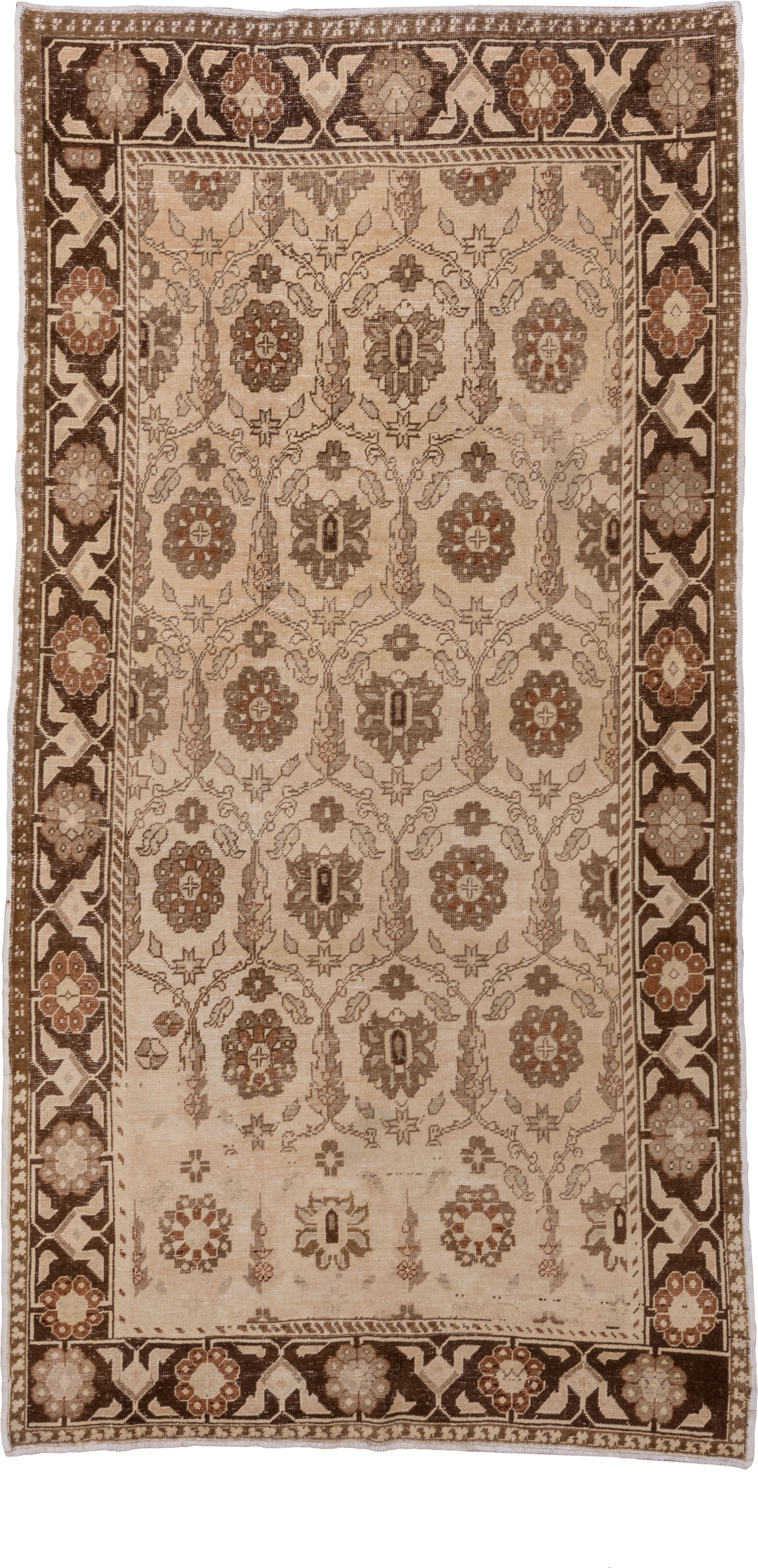 4' x 9' one-of-a-kind handmade vintage Oushak rug. Color palette: ivory, brown, taupe, rust, camel, beige, gray, terracotta