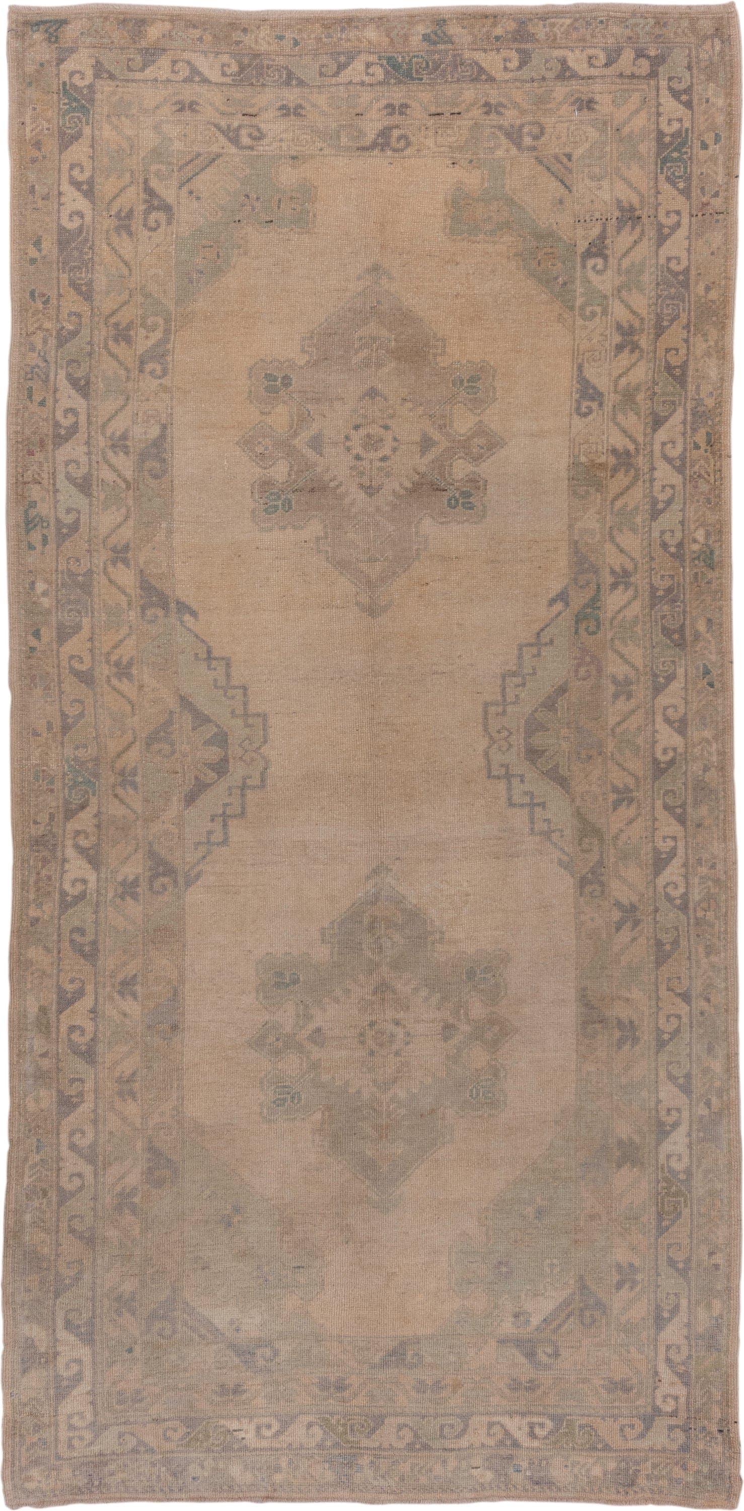 5' x 10' one-of-a-kind handmade vintage Oushak medium size rug. Color palette: beige, taupe, sage, dusty blue, camel, brown