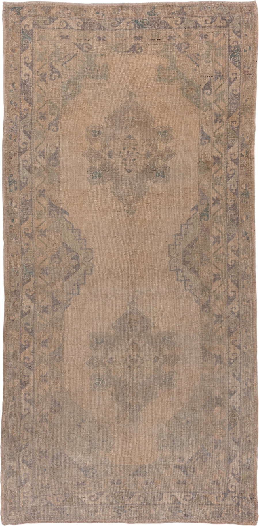 5' x 10' one-of-a-kind handmade vintage Oushak medium size rug. Color palette: beige, taupe, sage, dusty blue, camel, brown
