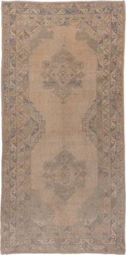 5' x 10' one-of-a-kind handmade vintage Oushak medium size rug. Color palette: beige, taupe, sage, dusty blue, camel, brown